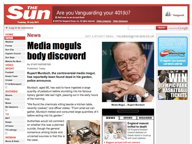 Anonymous hackea sitio de The Sun e inventa suicidio de Rupert Murdoch